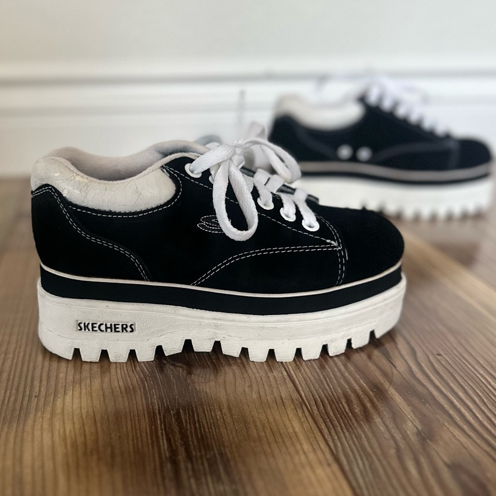Skechers Black and White Platform Lace-Up Sneakers